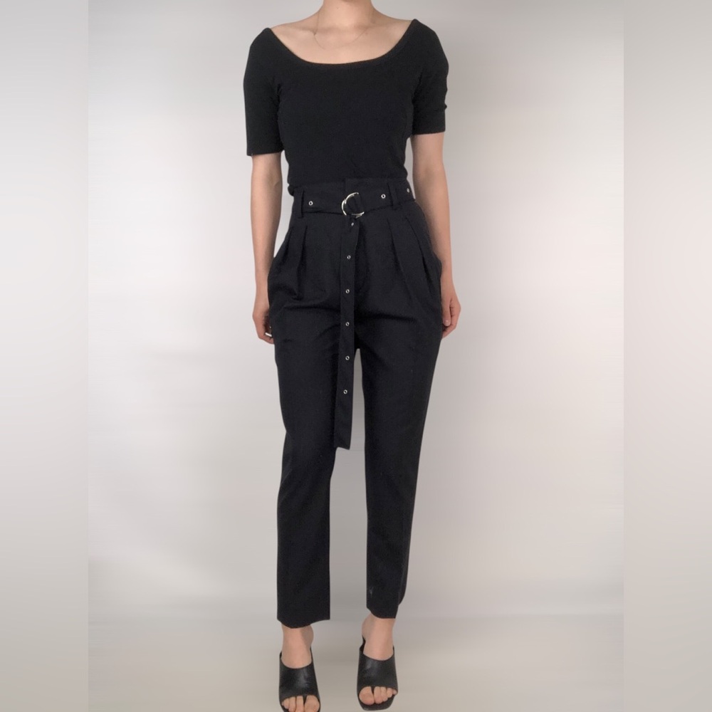 IRO‎ Wana Belted Pleated Pinstriped Wool Tapered Trouser 36/6 Black